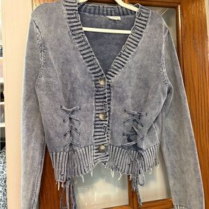 Mystree Washed Blue V-Neck Button Front Knit Cardigan with Fringe